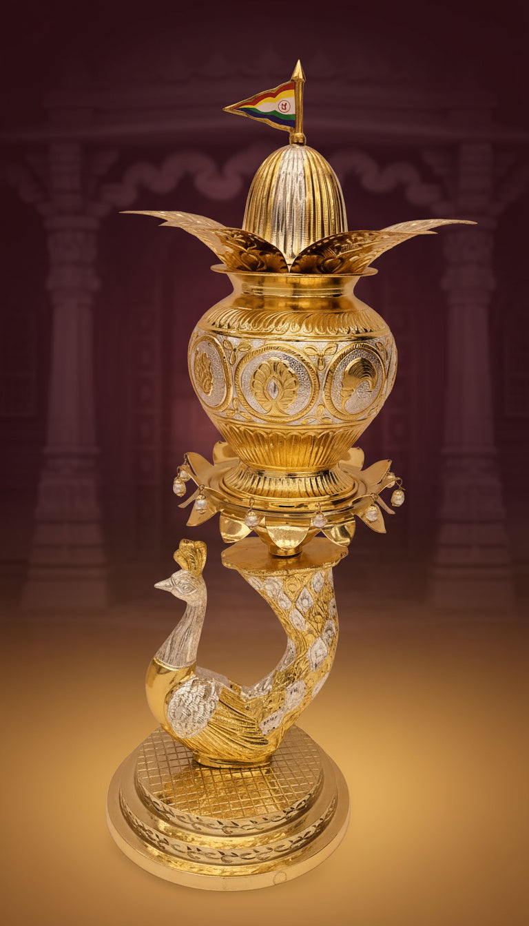 Mangal Kalash with Peacock Design – 25 Inch Pure Pital | Premium Brass Pooja Kalash |