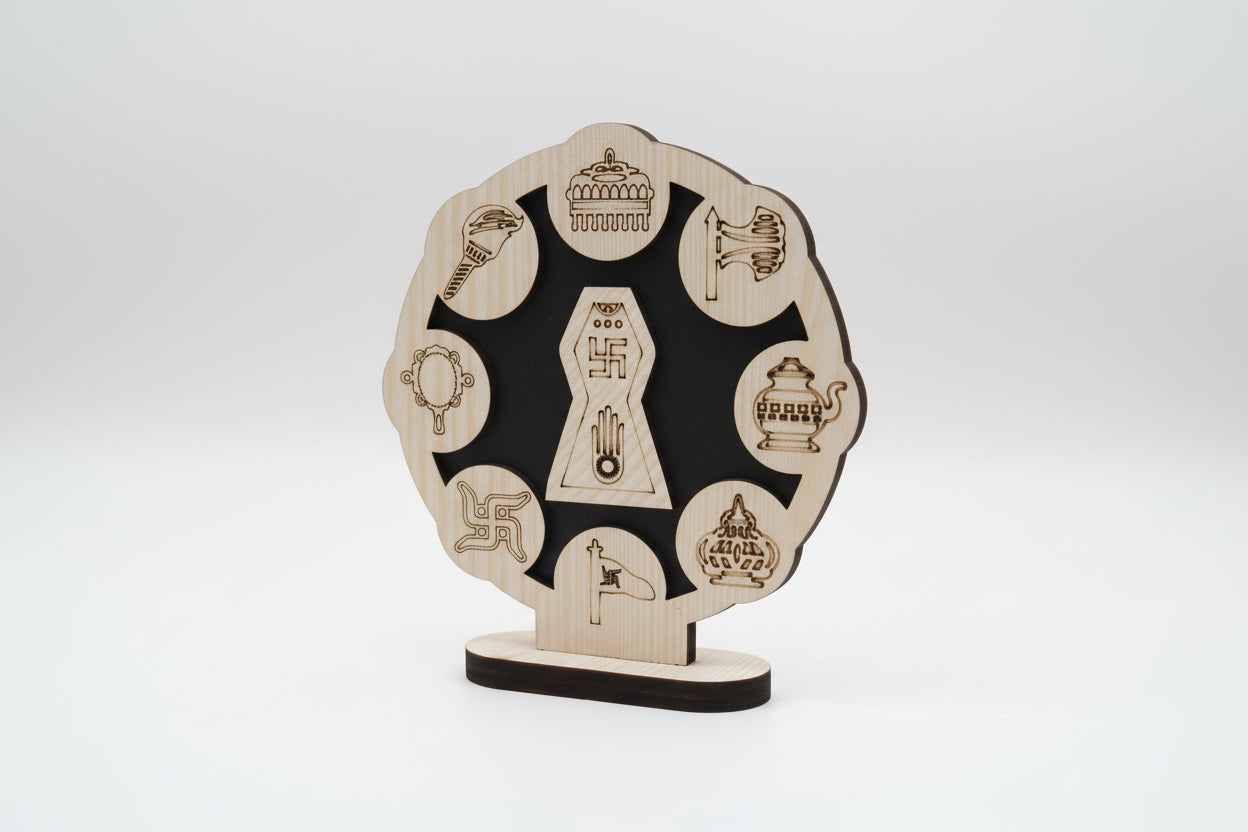 Exquisite Jain Ashtamangal Frame (4x4 Inch) – Divine Wooden Decor - jinsamadhan