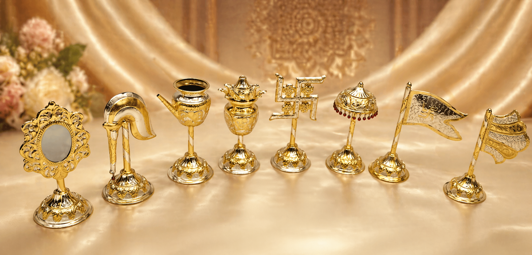 9 Inch Ganga Jamuna Premium Ashtmangal Set – Pure Silver & Pital (Brass) Jain Puja Collection - jinsamadhan