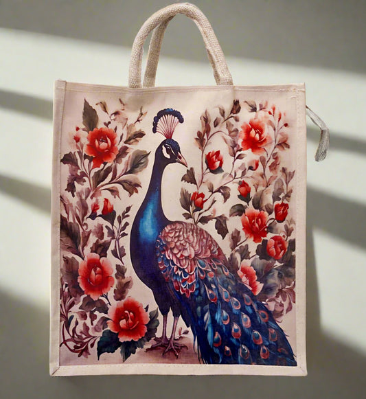 Eco-Friendly Peacock Printed Jute Bag | Reusable Shopping & Tote Bag with Floral Design - jinsamadhan