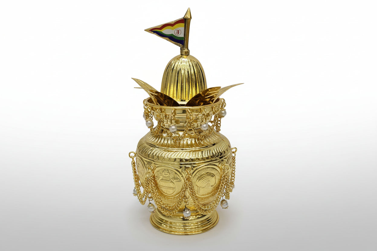 Golden Kalash with Dhwaj | Siddhachakra Kalash for Puja & Temple Decoration - jinsamadhan