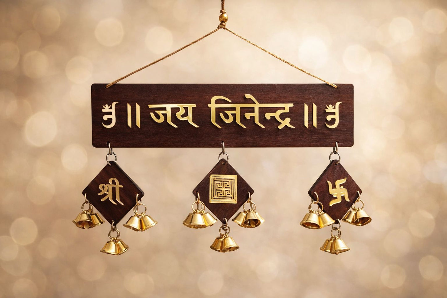 Jain Wall Hanging (Set of 2) with 24 Bells | Wooden Jain Toran – Symbol of 24 Tirthankars - jinsamadhan