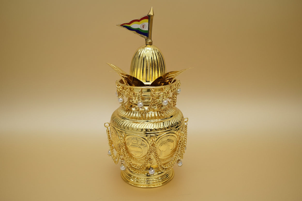 Golden Kalash with Dhwaj | Siddhachakra Kalash for Puja & Temple Decoration - jinsamadhan